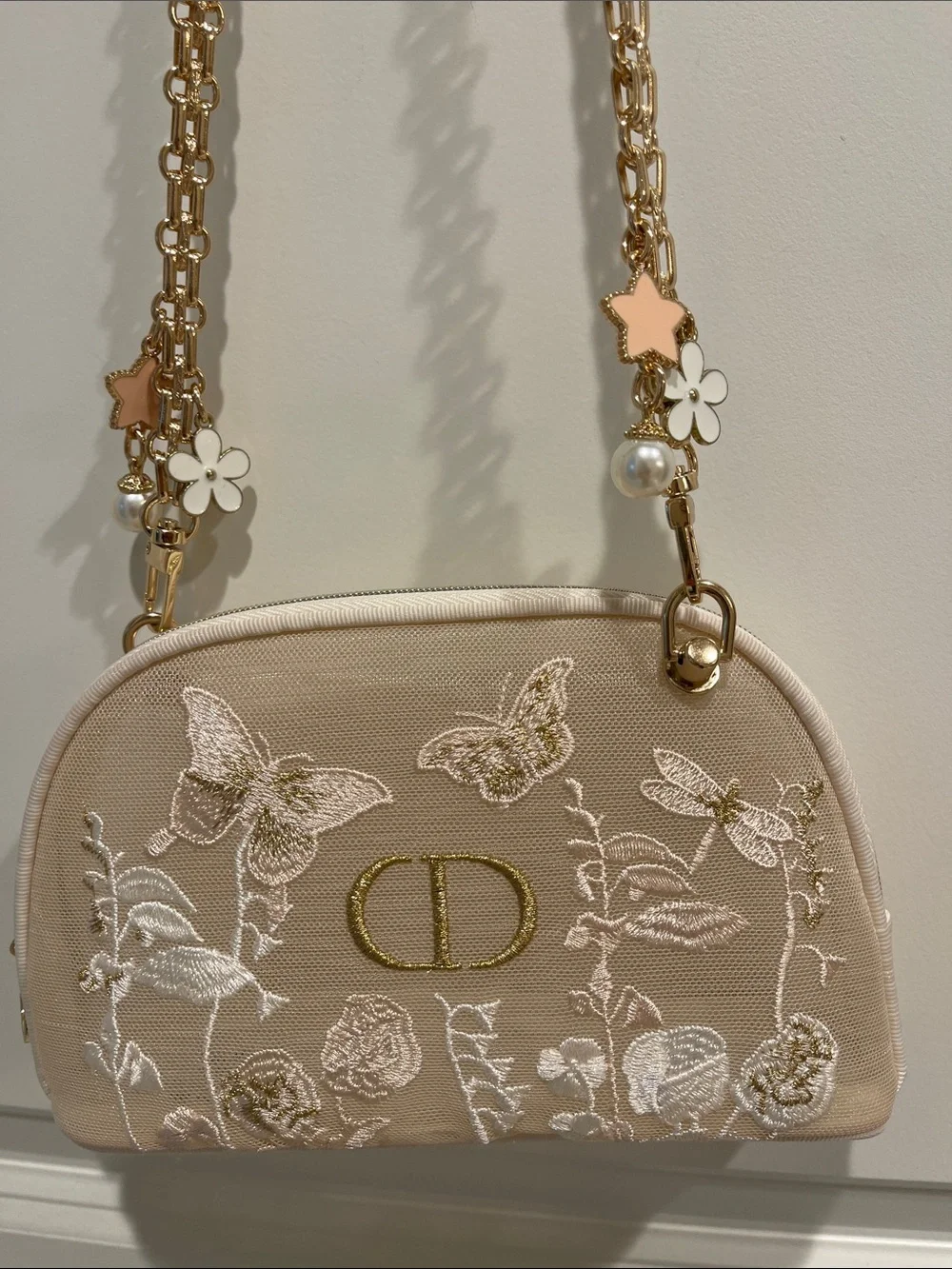 Dior Cream Embroidered Cosmetics Bag with Gold CD Charm and Floral Accents